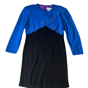 Sheri Martin Vintage Black & Royal Blue Studded Dress Size 6 Made in USA 80s
